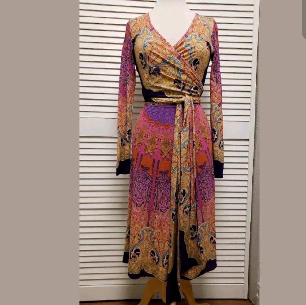 {Etro} Abstract Print Jersey Knit VNeck Wrap Dress